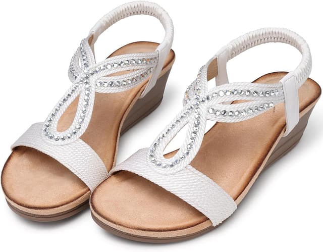 Detalle 2 de SHIBEVER White Wedge Sandals for Women (Low Wedge, Open Toe, Rhinestone & Jeweled Look)