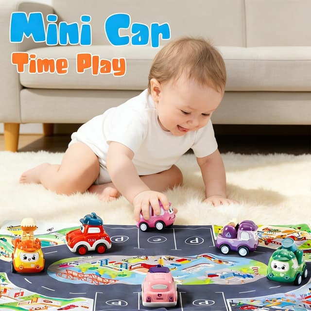 Detalle de LULULIA 12-Piece Pull-Back Mini Cars Set (with play mat & storage box) for 1-Year-Old Boys & Girls