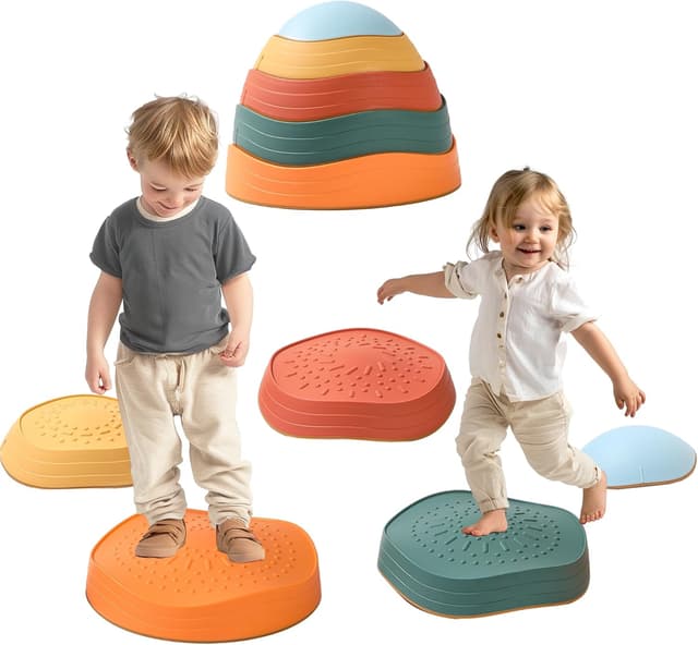 Detalle de LoomLark Balance Stepping Stones for Kids (5-Pack) — Non-Slip River Stones Obstacle Course for Ages 3–8+