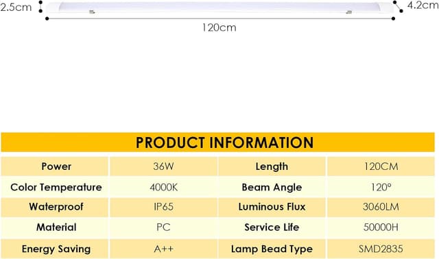 Detalle de Gimisgu Néon LED 120 cm 36 W 3060 lm, réglette blanc neutre 4000 K (IP65) pour garage, atelier et pièces humides