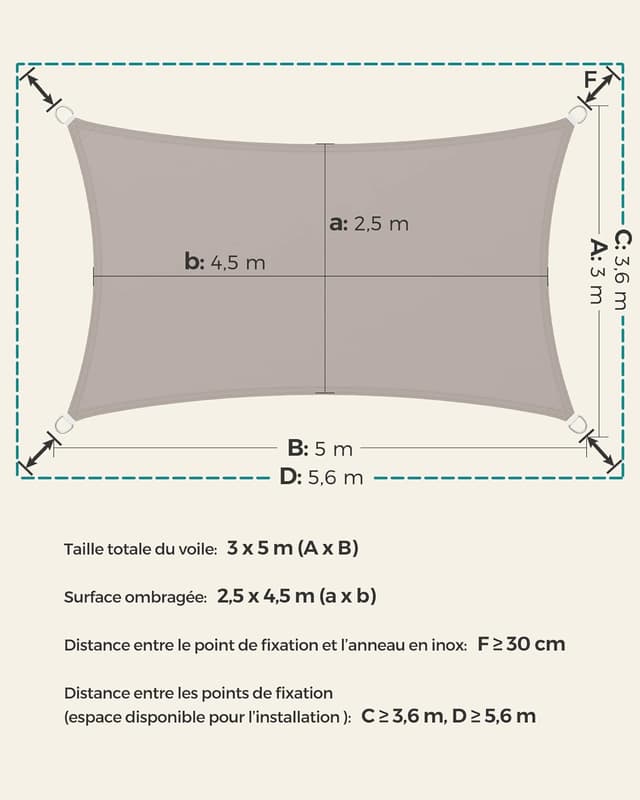 Detalle de SONGMICS Voile d’ombrage rectangulaire 3 x 5 m GSH35TP – taupe, hydrofuge et anti-UV