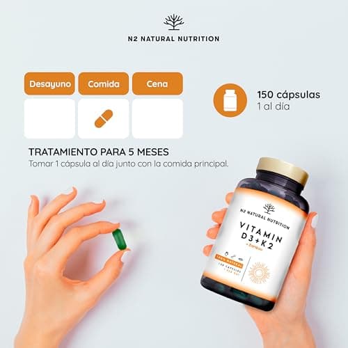 Detalle 2 de N2 Natural Nutrition Vitamina D3 y K2 (MK7) 5000 UI + 200 µg, con Silicio y Bamboo. 150 cápsulas