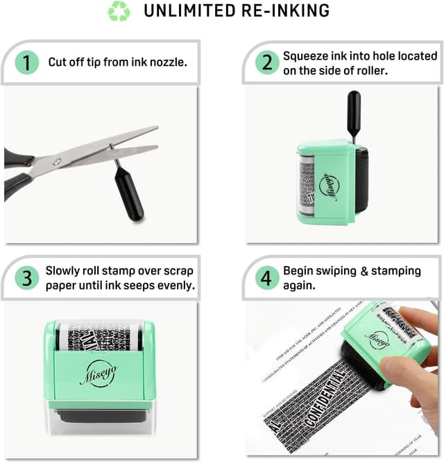 Detalle de Miseyo Identity Theft Protection Roller Stamp Set (Mint Green) with 6 Refill Ink