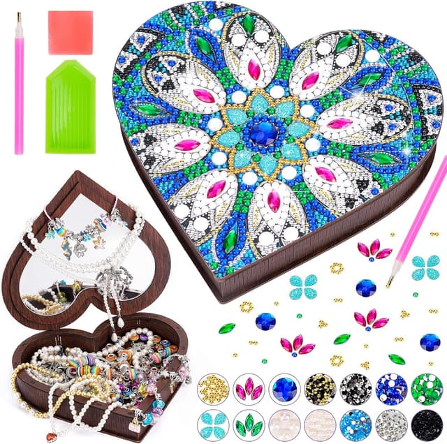 Detalle de Flnlano „Geschenke für Mädchen 6–10 Jahre“: Diamond-Painting Bastelset für Schmuckkästchen mit Spiegel