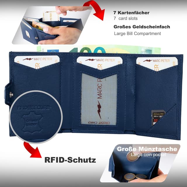 Detalle de Marc Peter Jupiter AirTag Echtleder-Geldbörse mit XL-Münzfach (für bis zu 11 Karten) – RFID-Schutz, blau