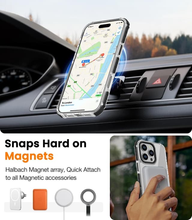 Detalle de DEERLAMN Strong Magnetic Case for iPhone 16 Pro Max (6.9-inch) — Clear Slim Shockproof Cover with MagSafe Compatibility