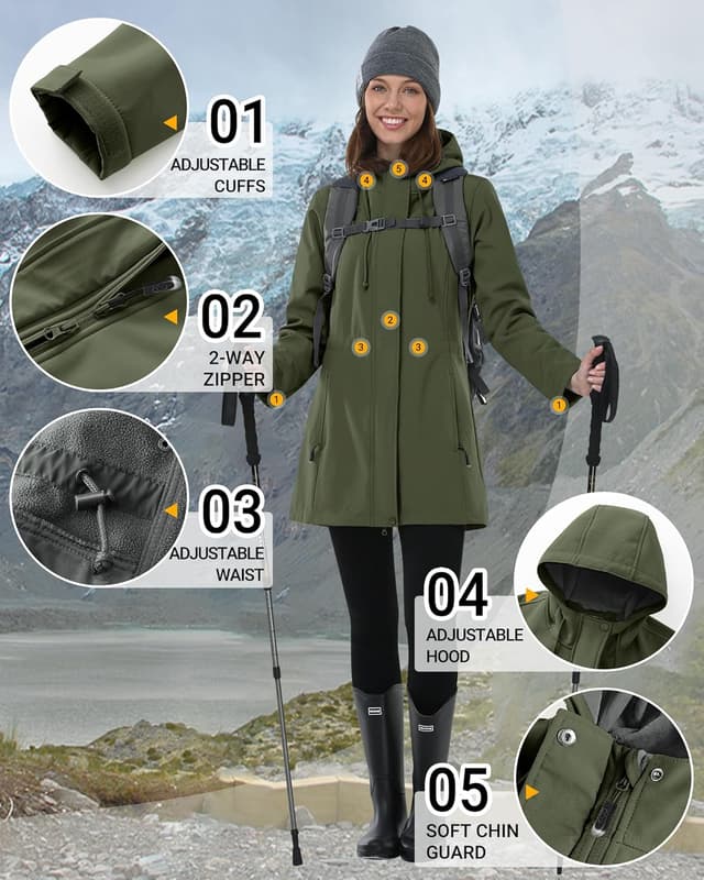 Detalle de Outdoor Ventures Damen-Lang-Regenjacke Softshell mit Kapuze – gefütterte Funktionsjacke für Wind und leichten Regen