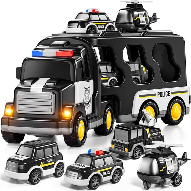 Detalle de JUKUDAHU Police Truck Toy Set (5-in-1 Carrier Truck with 3 Small Cars + Helicopter) for Ages 3–9
