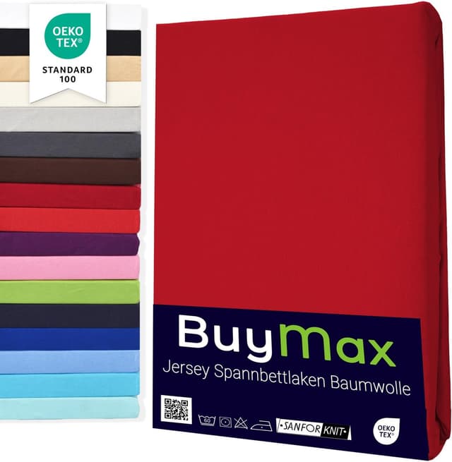 Detalle de Buymax Spannbettlaken Doppelpack 80x200 cm aus 100 % Baumwolle, rot – passend bis 25 cm Matratzenhöhe