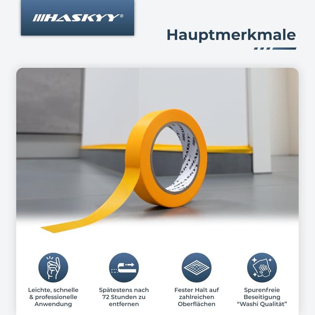 Thumbnail 6 de HASKYY Goldband Malerkrepp Kreppband (5 Rollen) 30 mm x 50 m – Profi-Abdeckband für saubere Kanten