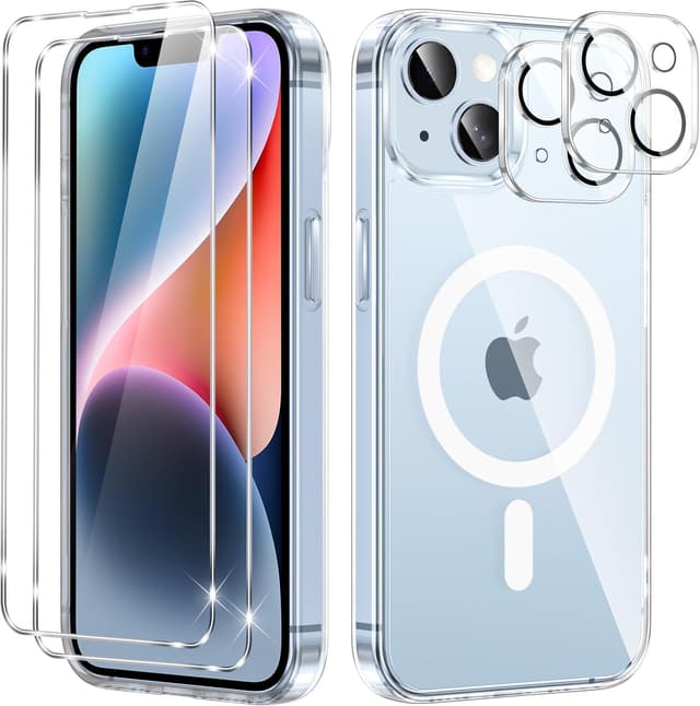 Detalle de Coque magnétique Phoona pour iPhone 14 avec protection caméra et 2 vitres trempées, compatible MagSafe (TPU/PC transparent)