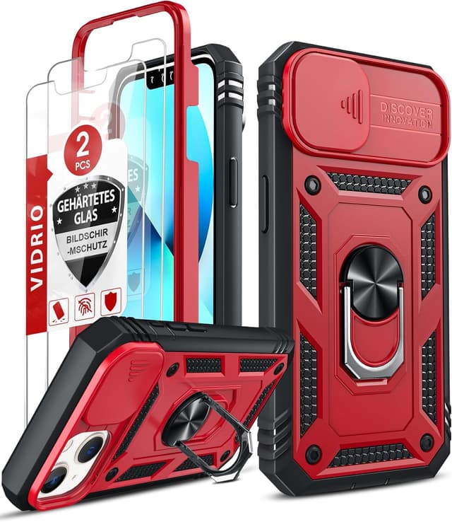 Detalle de LeYi iPhone 14 6.1" case with sliding camera cover, 360° armour protection and ring stand (2-pack tempered glass)