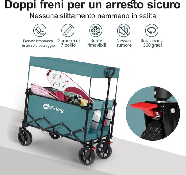 Detalle de Sekey XXL Carrello Spiaggia con Tetto 150L e portata 150 kg (150 kg), pieghevole per bambini, verde
