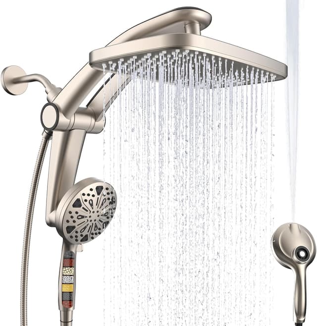 Detalle de Magnetic Dual Rain Shower Head Combo with Handheld High-Pressure Sprayer, Adjustable Angle Stand Dock & 12-Inch Square Rain Head