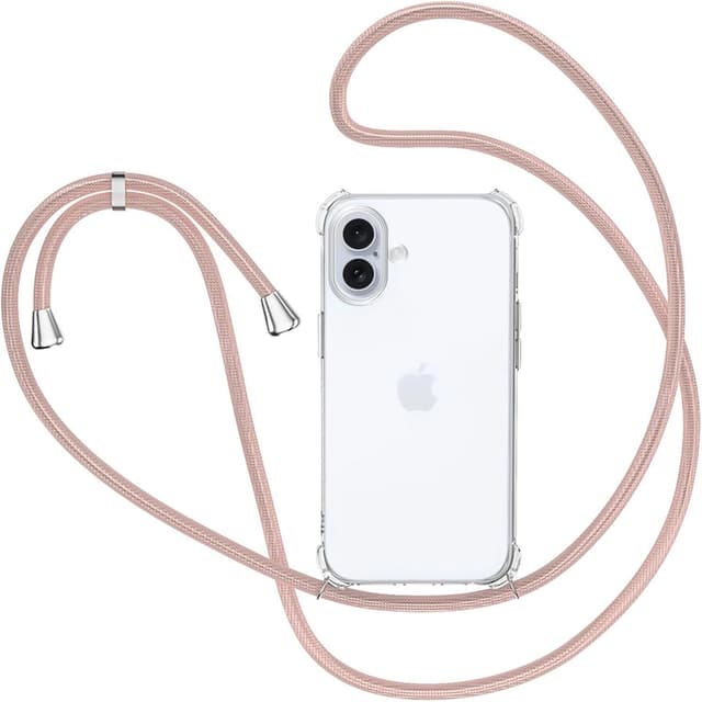 Detalle de Coque XTCASE pour iPhone 16 avec cordon tour de cou en silicone TPU transparent (rose)