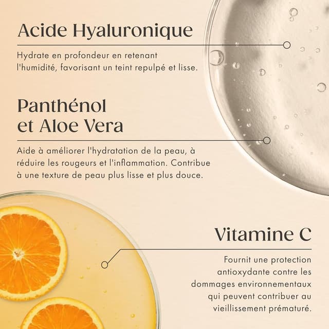 Detalle de Sérum Vitamine C visage 100 ml avec acide hyaluronique, aloe vera bio et vitamine E – Satin Naturel