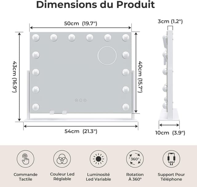 Detalle de Dripex Miroir de maquillage Hollywood LED 14 lumières dimmables 54 x 43 cm avec rotation 360° et miroir x10