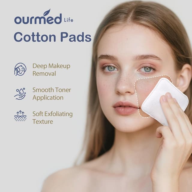 Detalle 2 de Ourmed Life Large Cotton Pads for Makeup Removal (3x3 Inch, 60 Count) — soft, lint-free facial cleansing pads