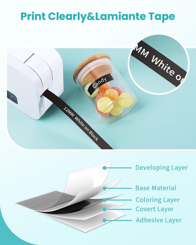 Detalle de MarkField TZe-335 (12 mm) Schriftband für Brother P-touch – Weiß auf Schwarz, 4er Pack