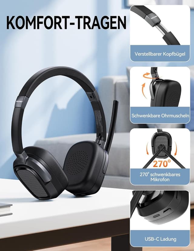 Detalle de TECKNET V6.0 Bluetooth Headset mit Mikrofon (ENC), wiederaufladbar, On-Ear, USB-A Empfänger – bis 40 Std. Akku