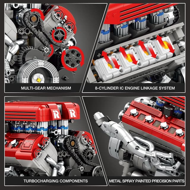 Detalle de Reobrix Kit de construction mécanique V8 pour adultes – 1101 pièces avec mouvement moteur réaliste