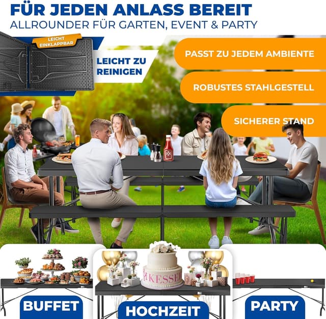 Detalle de KESSER® Buffettisch klappbar aus Kunststoff, 220 x 68 cm – Campingtisch für bis zu 6 Personen inkl. Cover & Tragegriff (Anthrazit)