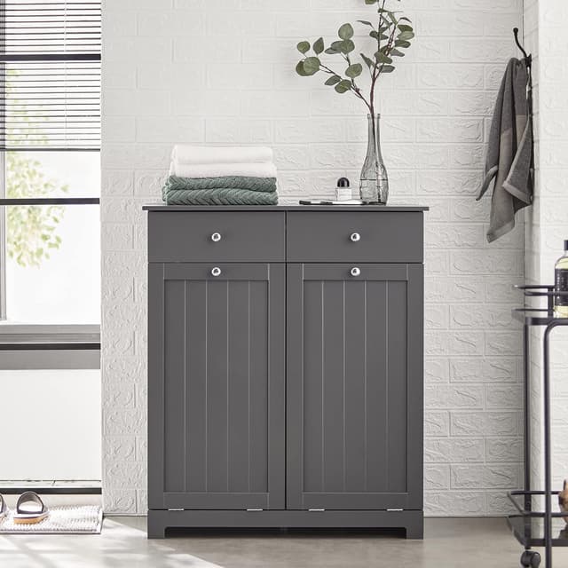 Detalle 2 de SoBuy meuble salle de bain avec panier à linge, 2 tiroirs et grande capacité (gris, L78 x P38 x H90 cm)