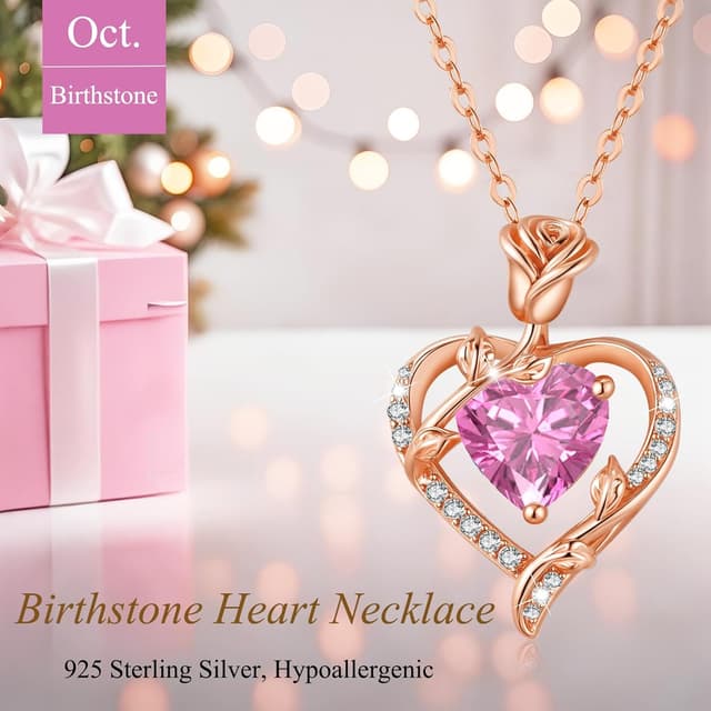 Detalle de Collier femme MISUMOR en argent 925, rose et cœur serti de zirconite (pierre de naissance)