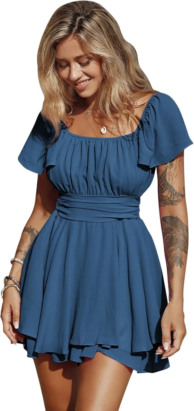 Detalle de EXLURA Women’s 2026 Summer Ruffle Tie-Back Romper Dress (Square Neck, A-Line)