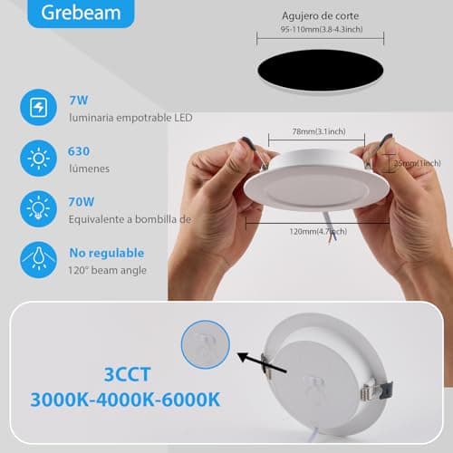 Detalle de Grebeam 7W LED techo empotrable 230V para baño (ojos de buey), 3 CCT 3000K/4000K/6000K