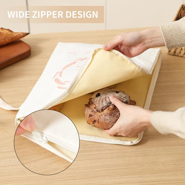 Detalle de WiNDANCE Wide Zipper Access Beeswax Bread Bags (XL) — Reusable Beeswax Linen Cotton Sourdough Bags, 2-Pack