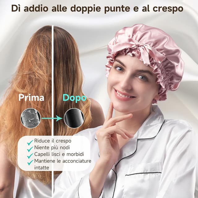 Detalle de Umisleep Cuffia in seta di gelso 22 Momme doppio strato (6A) con fascia regolabile per capelli ricci