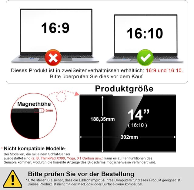 Detalle 2 de STARY magnetische Blickschutzfolie für 14 Zoll (16:10) – abnehmbar, Anti-Spy und Blaulicht-/Blendschutz