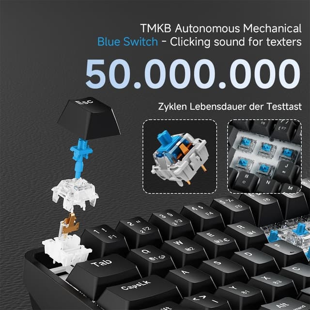 Detalle 2 de TMKB T68 Gaming-Tastatur (68 Tasten) – kabellos via Bluetooth/2.4G, mechanische Blue Clicky Switch, QWERTZ