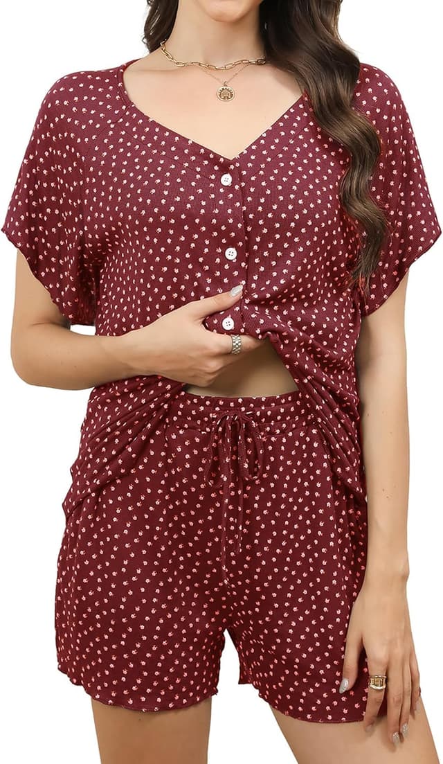 Detalle de Reliwel Damen-Schlafanzug kurz mit Knopfleiste aus Baumwolle (V-Ausschnitt, kurzarm) – 2-teiliges Pyjama-Set
