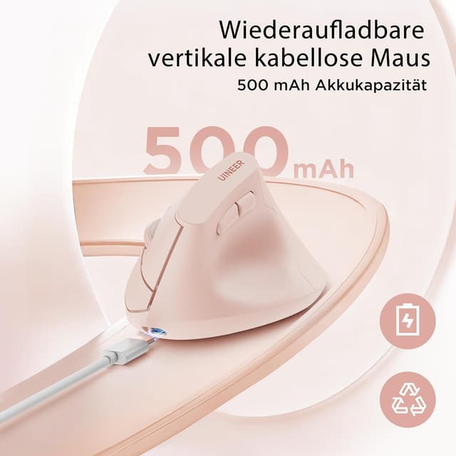 Detalle de Uineer kabellose vertikale Multi-Device Maus (Tri-Mode) mit 2.4G/BT 4.0/5.0, 4 DPI-Stufen und 6 Tasten – Rosa