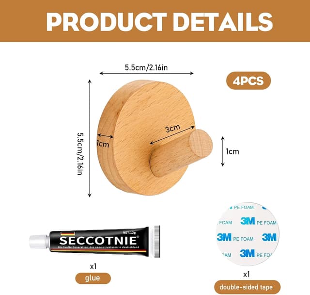 Detalle 2 de XJLyaya 4er Set Garderobenhaken Holz (Handtuchhalter, ohne Bohren) – für Flur, Schlafzimmer & Wohnzimmer