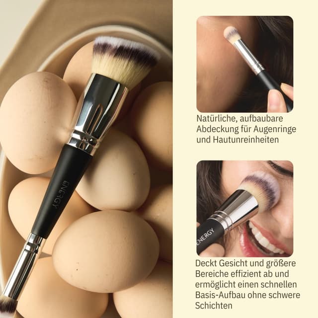 Detalle de ENERGY doppelseitiger Foundation- & Concealerpinsel 2-in-1 mit abgeschrägten, dichten veganen Synthetikborsten