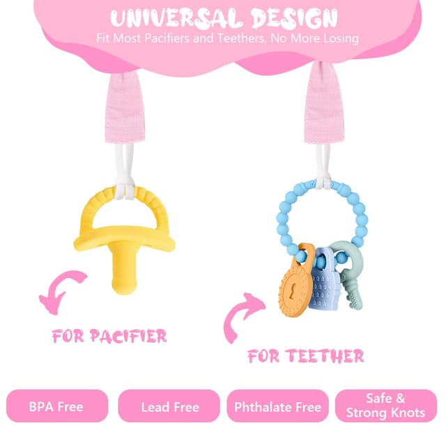 Detalle de Vicloon Schnullerkette aus Baumwolle (3er-Set) mit Clip – Stern/Mond/Herz für Baby