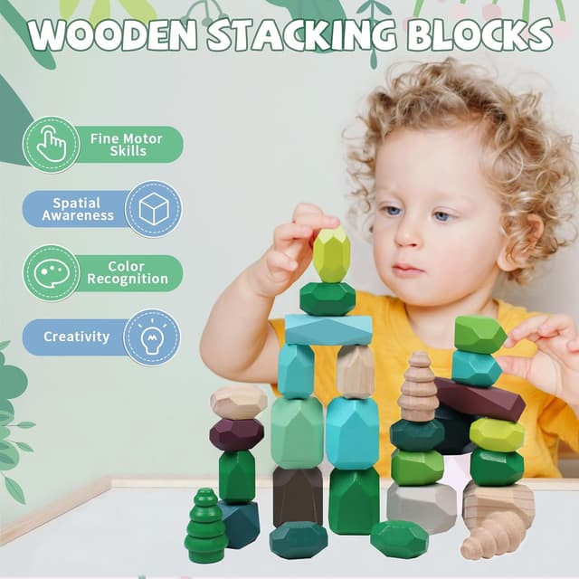 Detalle de YHHYTOY 40-Piece Wooden Stacking Rocks Building Blocks (Forest Theme) for Montessori Learning