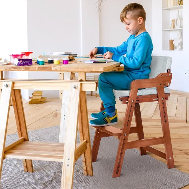 Detalle 2 de Ezebaby Hochstuhl höhenverstellbar aus Buchenholz (Nussbaum-Optik), für Kinder von 3 bis 12 Jahren bis 90 kg