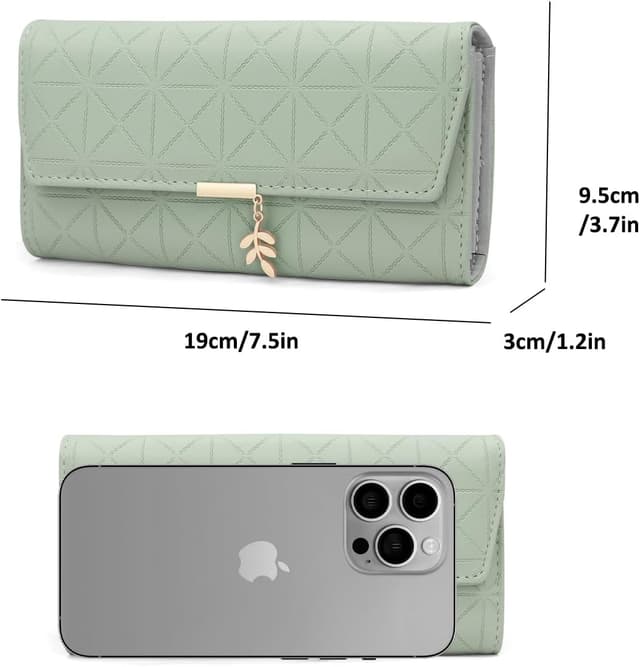 Detalle de Long Purse for Women PU Leather (B-Green) with 9 Card Slots and Zip Coin Pocket