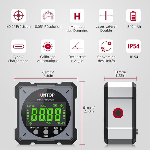 Detalle 2 de XUNTOP Inclinometro digitale ricaricabile con laser bilaterale a 2 fasci e IP54