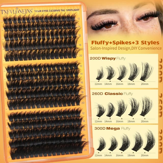 Detalle de TNFVLONEINS Fluffy Lash Clusters with Spikes (12–20mm) — Reusable Full Volume Faux Mink Cluster Lashes