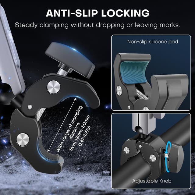 Detalle 2 de Supporto REYGEAK per fotocamera a doppia testa con sfera 360° e vite 1/4, per manubrio bici con doppio artiglio