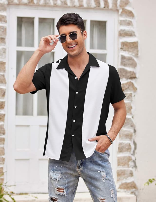 Detalle de COOFANDY Men’s Vintage Bowling Shirt (Short Sleeve Button-Down) – Cuba/Hawaiian Beach Style