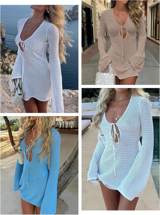 Detalle 2 de ANRABESS Crochet Mesh Cover Up V-Neck Dress 🏖