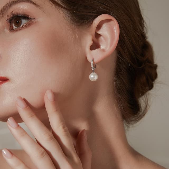 Detalle de jiamiaoi Perlenohrringe aus 925er Silber mit 10 mm Zuchtperle (Hängend, Hebelverschluss)