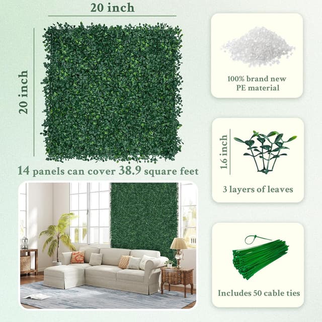 Detalle de ODTORY Artificial Boxwood Wall Panels (20x20 inch, 14 pcs) for Privacy & Greenery Screens