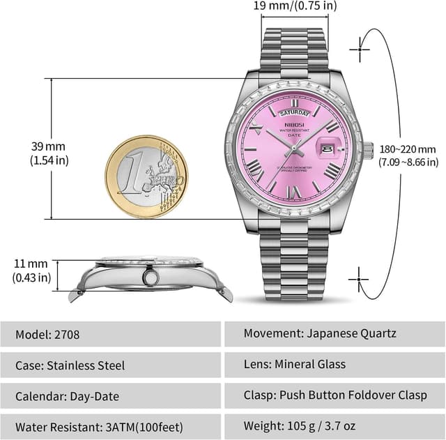 Detalle de NIBOSI Herren Analog Quarz-Uhr mit Tages- und Datumsanzeige, Edelstahl & Diamantlünette